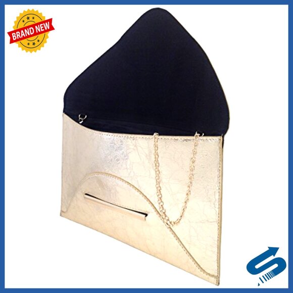 Metallic Faux Leather Envelope Clutch with Detachable Chain Strap